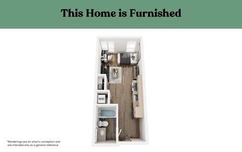 A small, well-furnished apartment with a bed, desk, and chair.